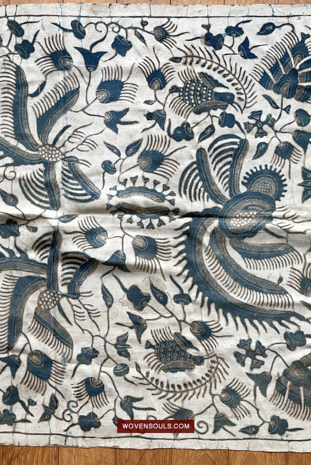 1033 Antique Java Batik Art on Silk Shawl Stole-WOVENSOULS Antique Textiles & Art Gallery