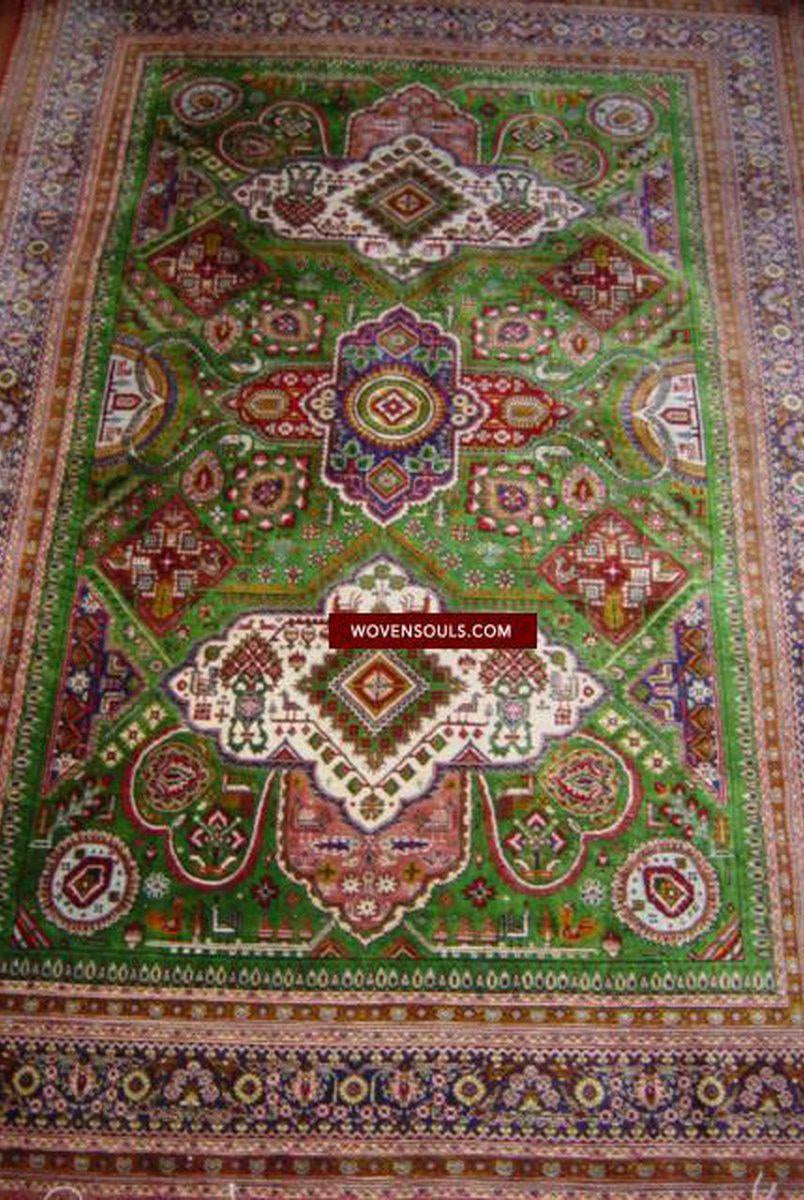 108 SOLD Green Qum Silk Rug Carpet superfine weaving - with Birds Gallery-2-WOVENSOULS-Antique-Vintage-Textiles-Art-Decor