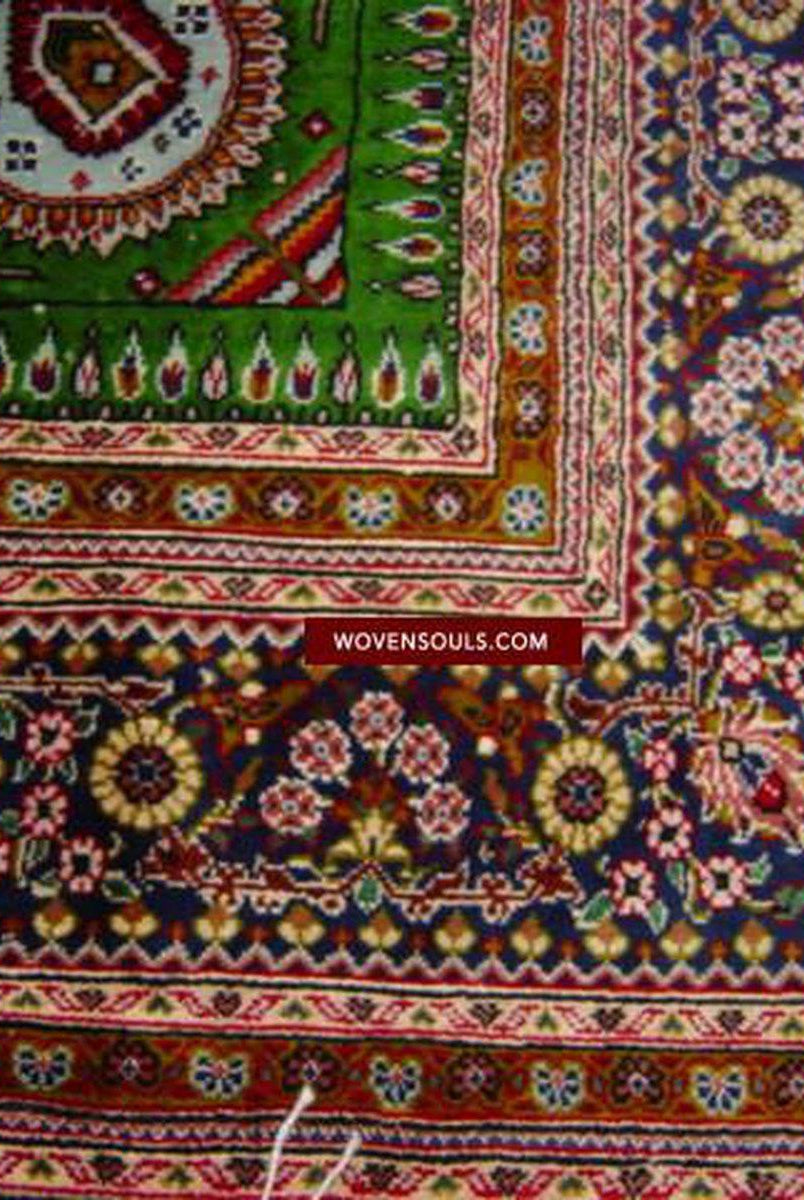 108 VENDU Tapis vert en soie Qum Tapis tissage superfin - avec galerie d'oiseaux-2-WOVENSOULS-Antique-Vintage-Textiles-Art-Décor
