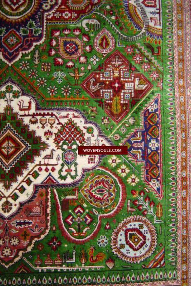 108 VENDU Tapis vert en soie Qum Tapis tissage superfin - avec galerie d'oiseaux-2-WOVENSOULS-Antique-Vintage-Textiles-Art-Décor