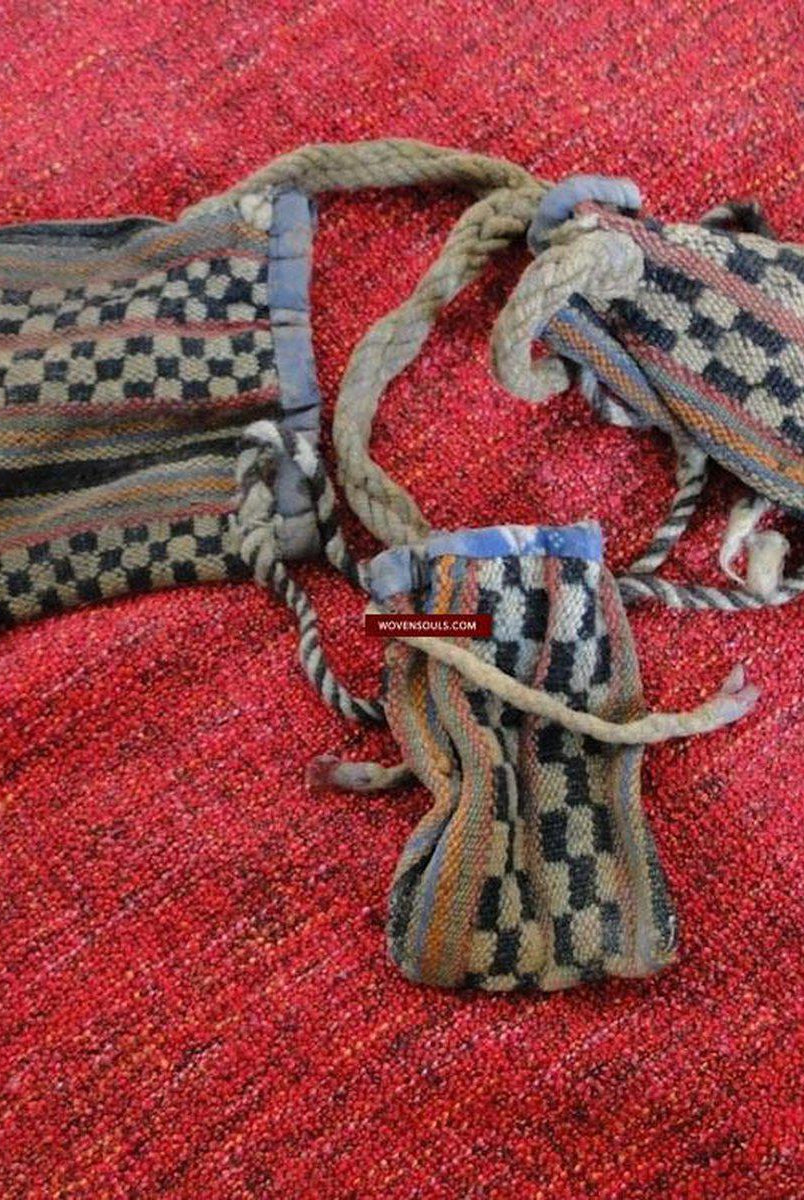 126 Antique Tibetan Nomadic Trifurcated Pouch with Unique Weave-WOVENSOULS-Antique-Vintage-Textiles-Art-Decor