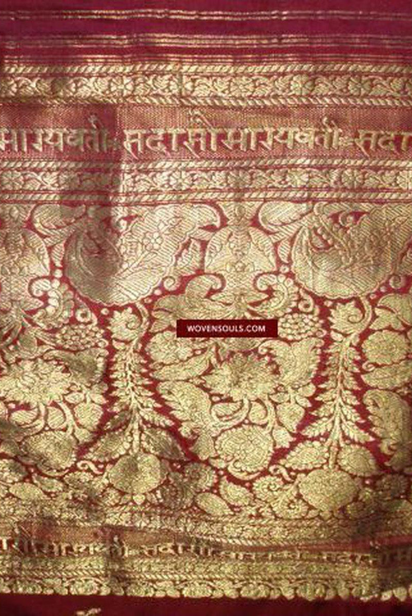 131 Real Zari Bridal Saree Fragment with woven Blessing Inscription - SOLD-WOVENSOULS-Antique-Vintage-Textiles-Art-Decor