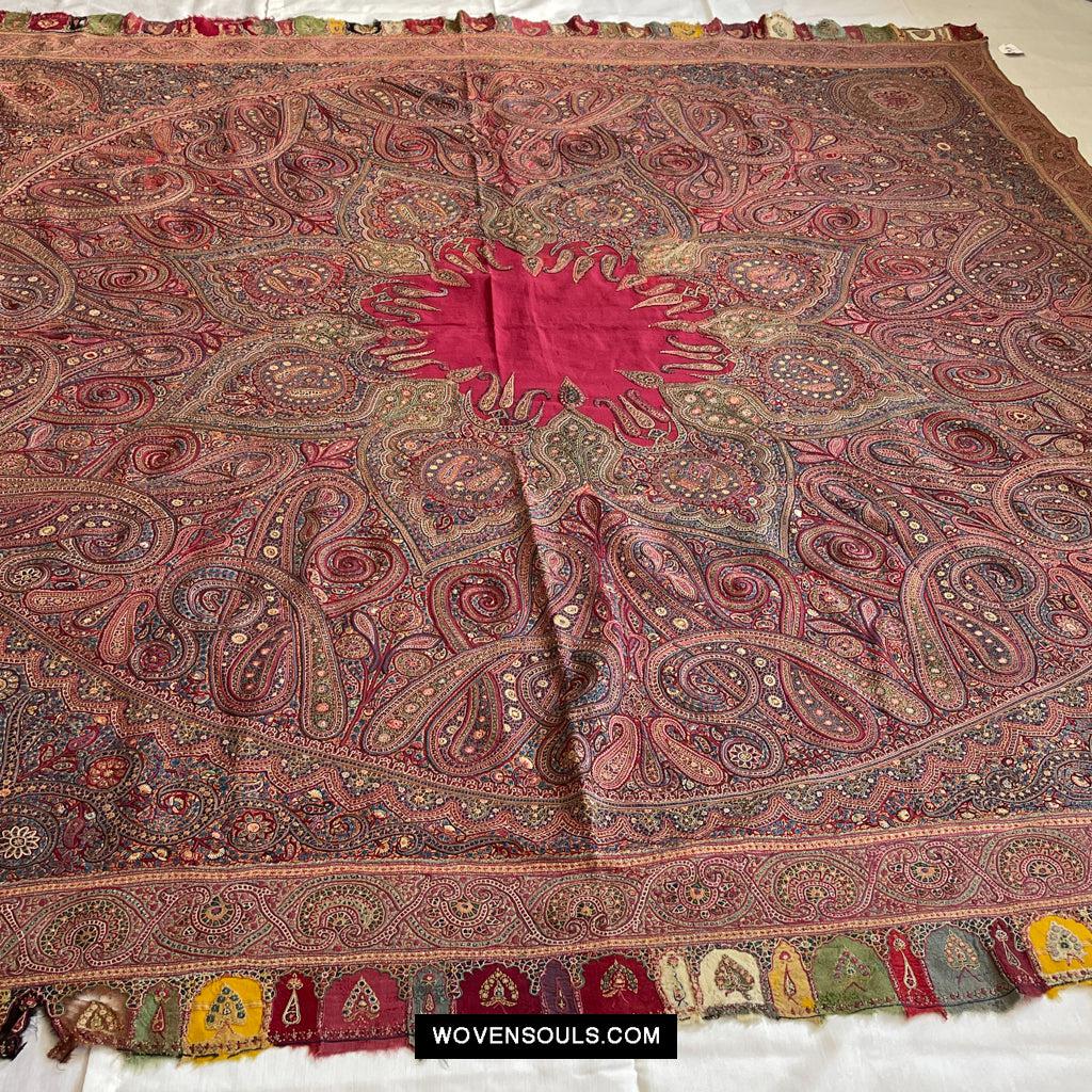 1608 Old Kashmir Silk Embroidered Amli Shawl Rumal-WOVENSOULS Antique Textiles & Art Gallery