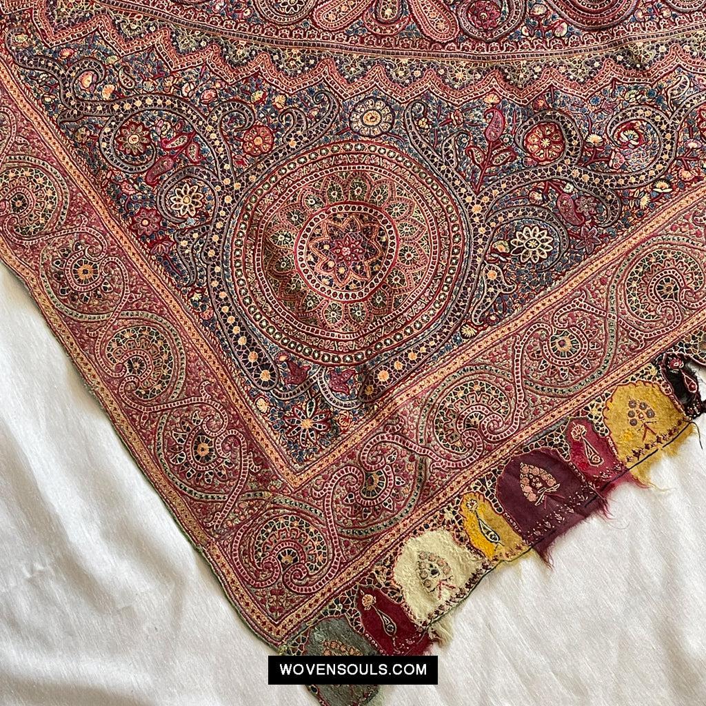 1608 Old Kashmir Silk Embroidered Amli Shawl Rumal-WOVENSOULS Antique Textiles & Art Gallery