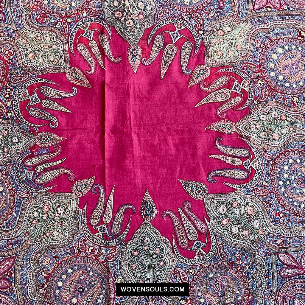 1608 Old Kashmir Silk Embroidered Amli Shawl Rumal-WOVENSOULS Antique Textiles & Art Gallery
