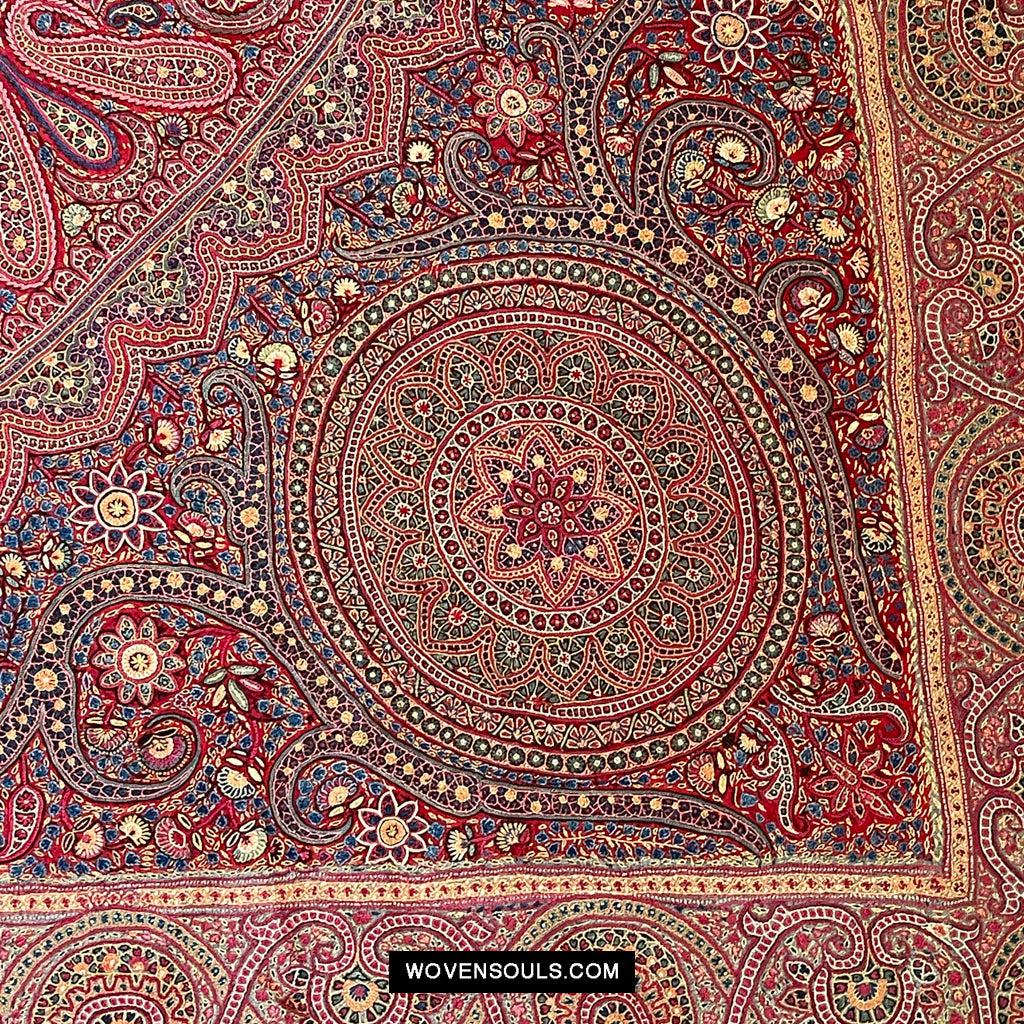 1608 Old Kashmir Silk Embroidered Amli Shawl Rumal-WOVENSOULS Antique Textiles & Art Gallery