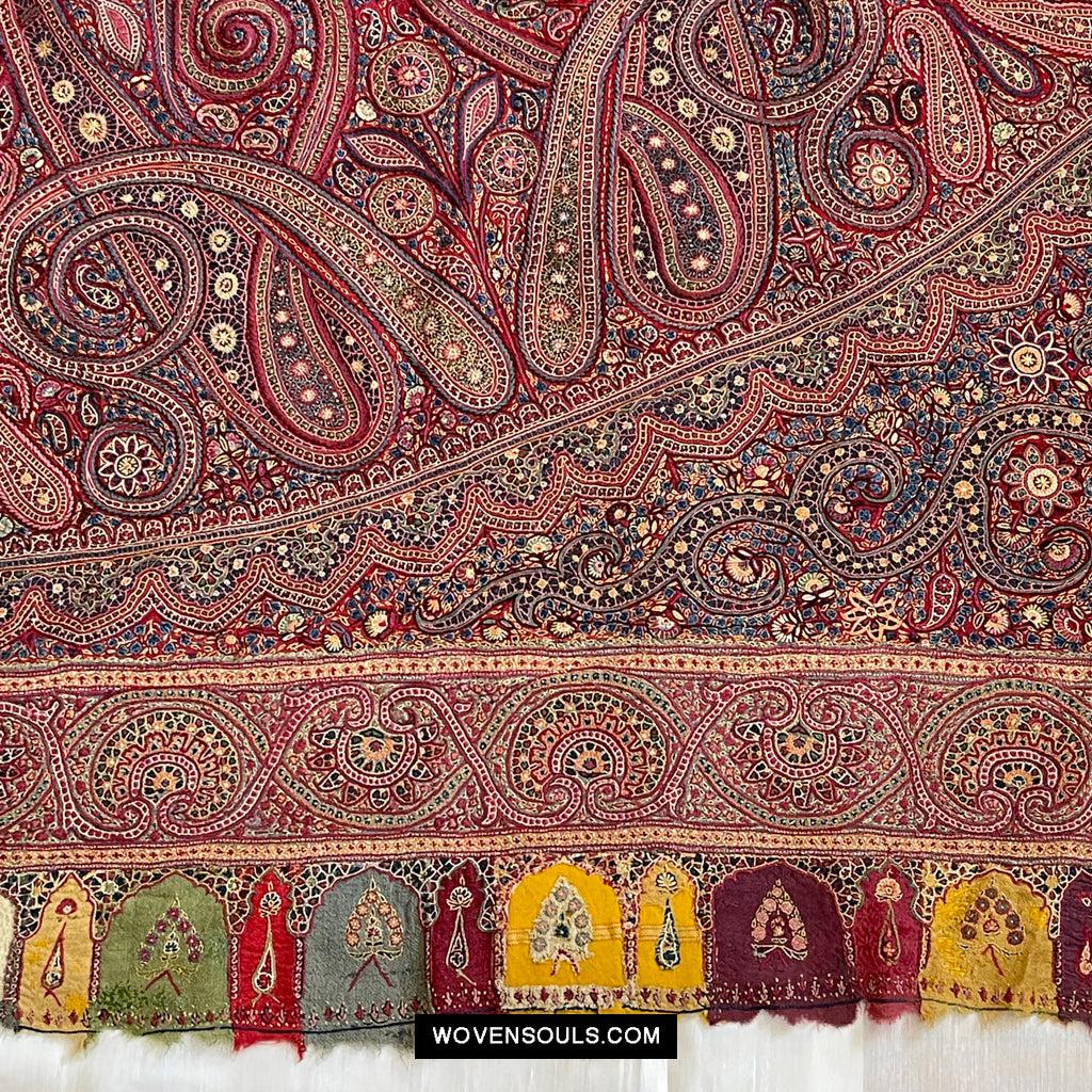 1608 Old Kashmir Silk Embroidered Amli Shawl Rumal-WOVENSOULS Antique Textiles & Art Gallery