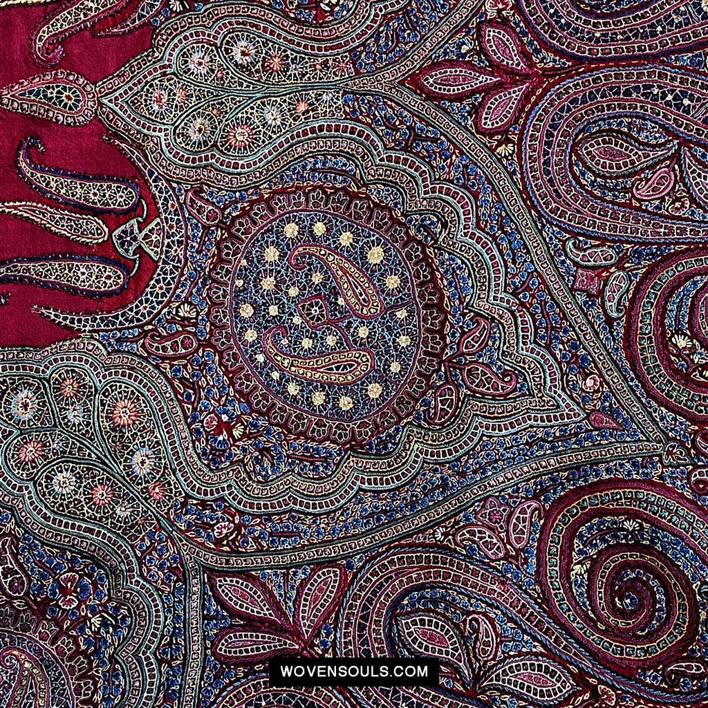 1608 Old Kashmir Silk Embroidered Amli Shawl Rumal-WOVENSOULS Antique Textiles & Art Gallery