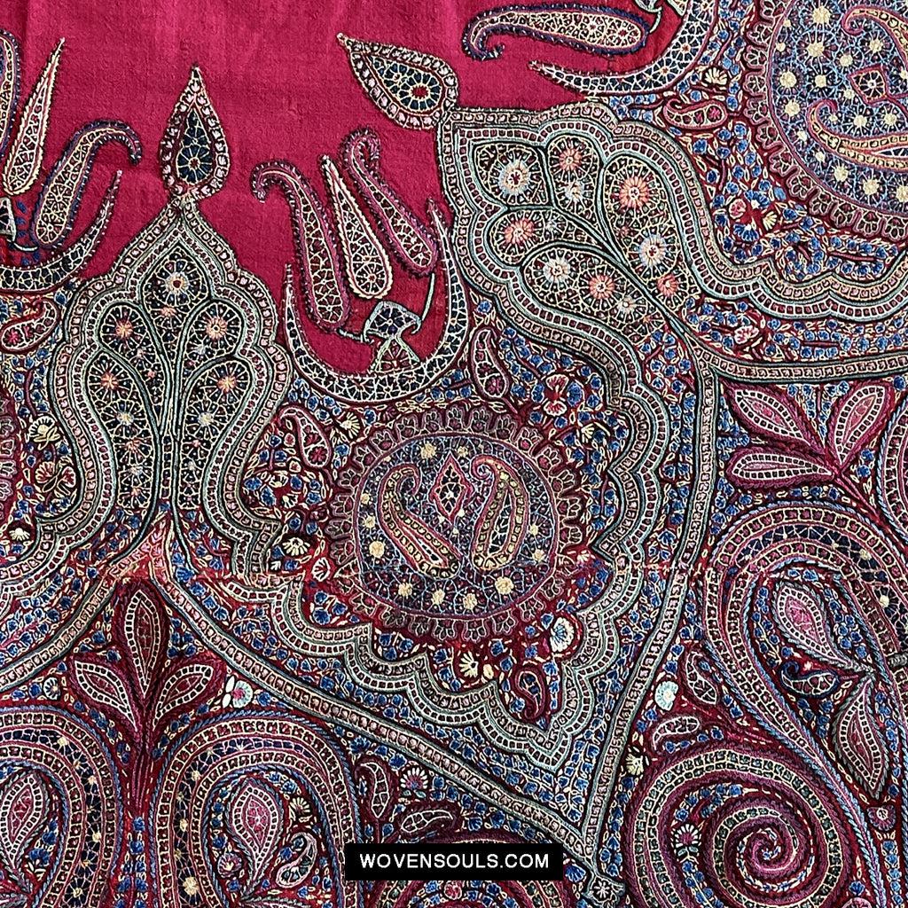 1608 Old Kashmir Silk Embroidered Amli Shawl Rumal-WOVENSOULS Antique Textiles & Art Gallery