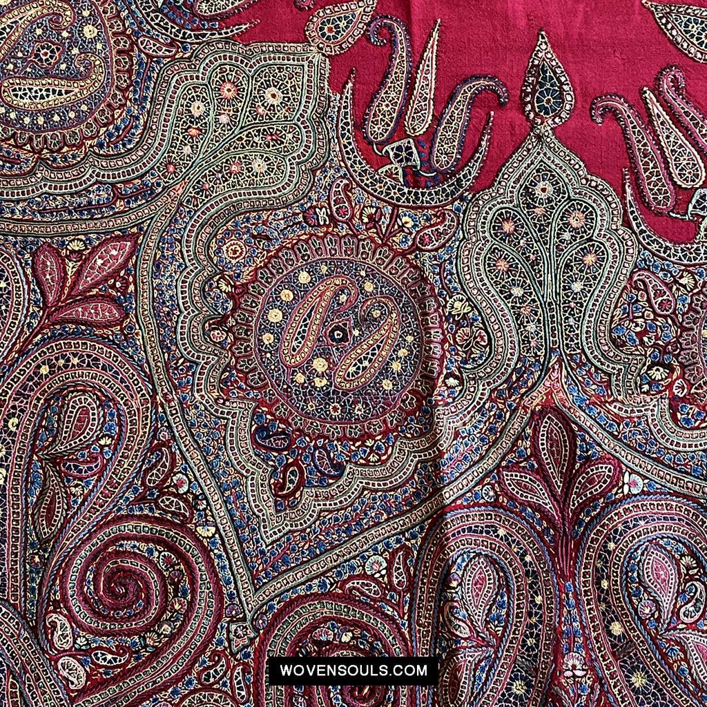 1608 Old Kashmir Silk Embroidered Amli Shawl Rumal-WOVENSOULS Antique Textiles & Art Gallery
