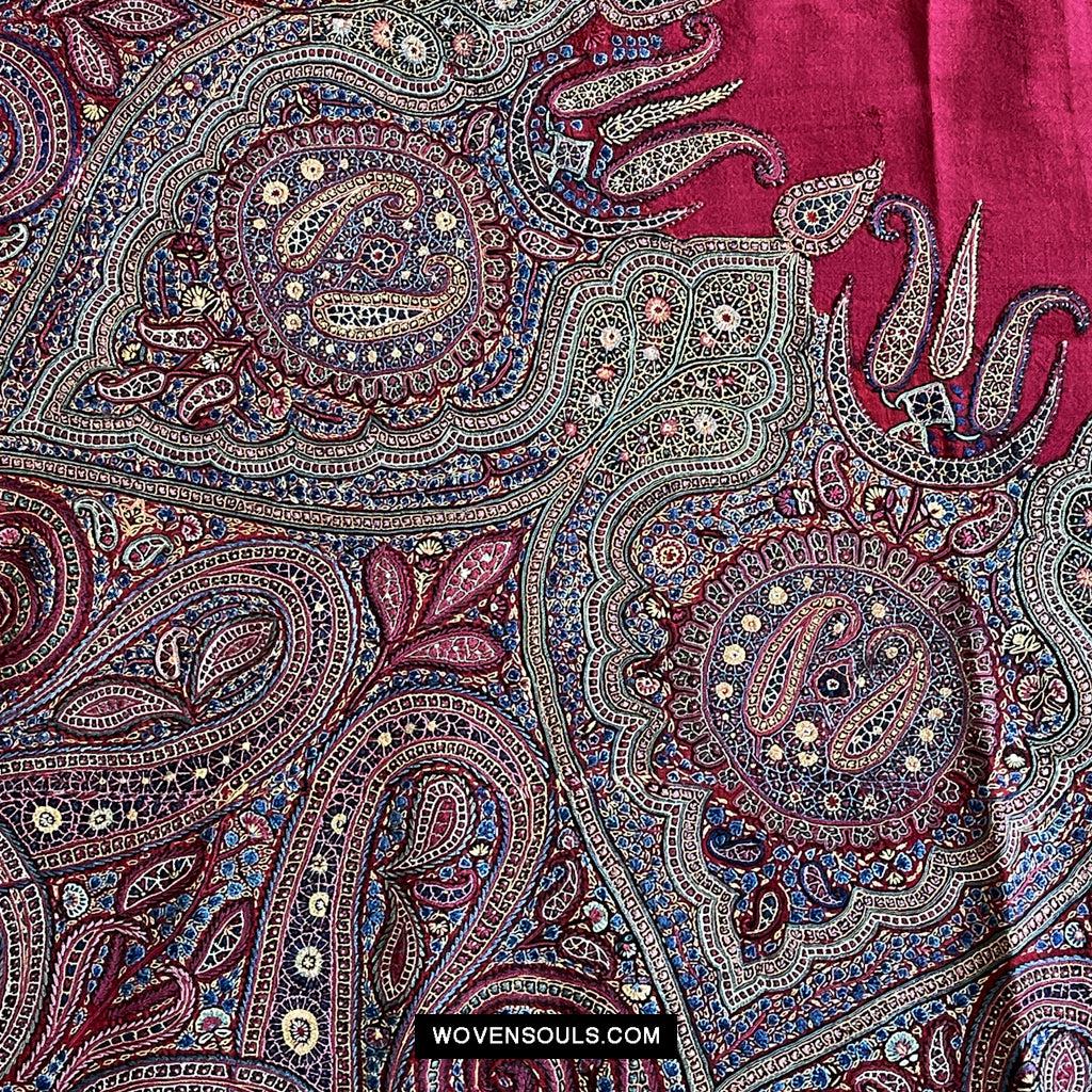 1608 Old Kashmir Silk Embroidered Amli Shawl Rumal-WOVENSOULS Antique Textiles & Art Gallery