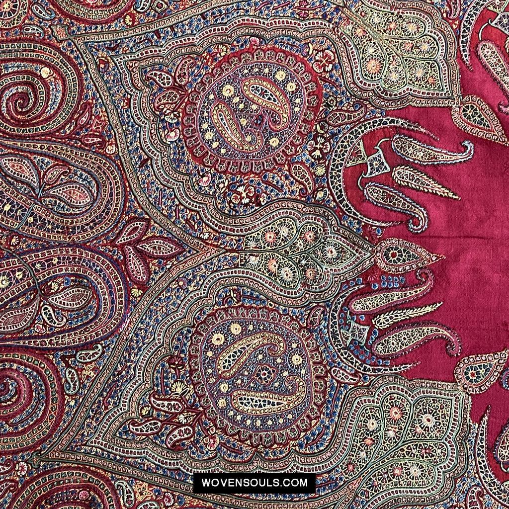 1608 Old Kashmir Silk Embroidered Amli Shawl Rumal-WOVENSOULS Antique Textiles & Art Gallery