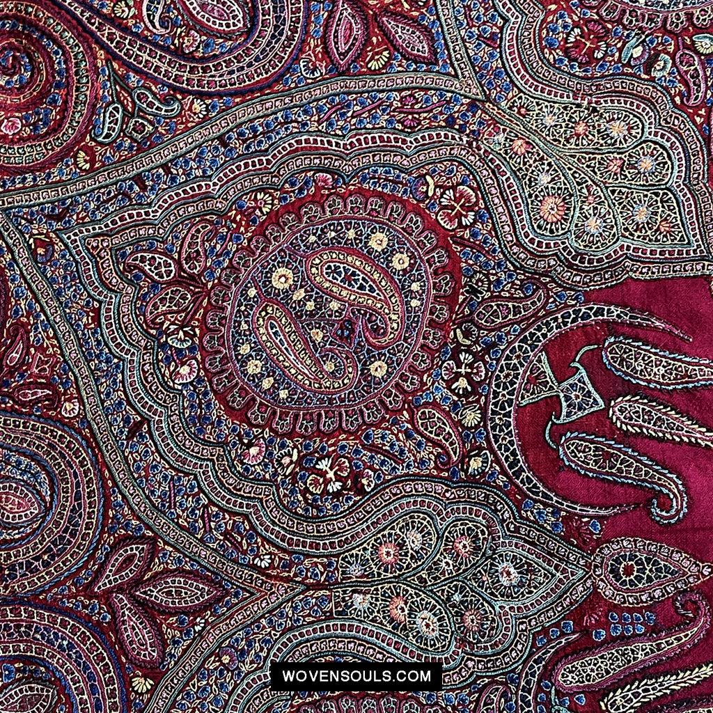 1608 Old Kashmir Silk Embroidered Amli Shawl Rumal-WOVENSOULS Antique Textiles & Art Gallery