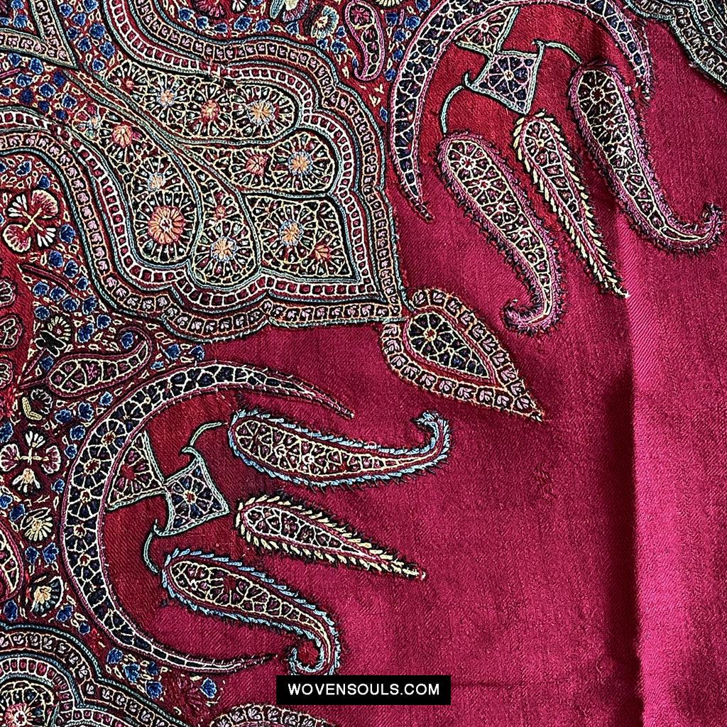 1608 Old Kashmir Silk Embroidered Amli Shawl Rumal-WOVENSOULS Antique Textiles & Art Gallery