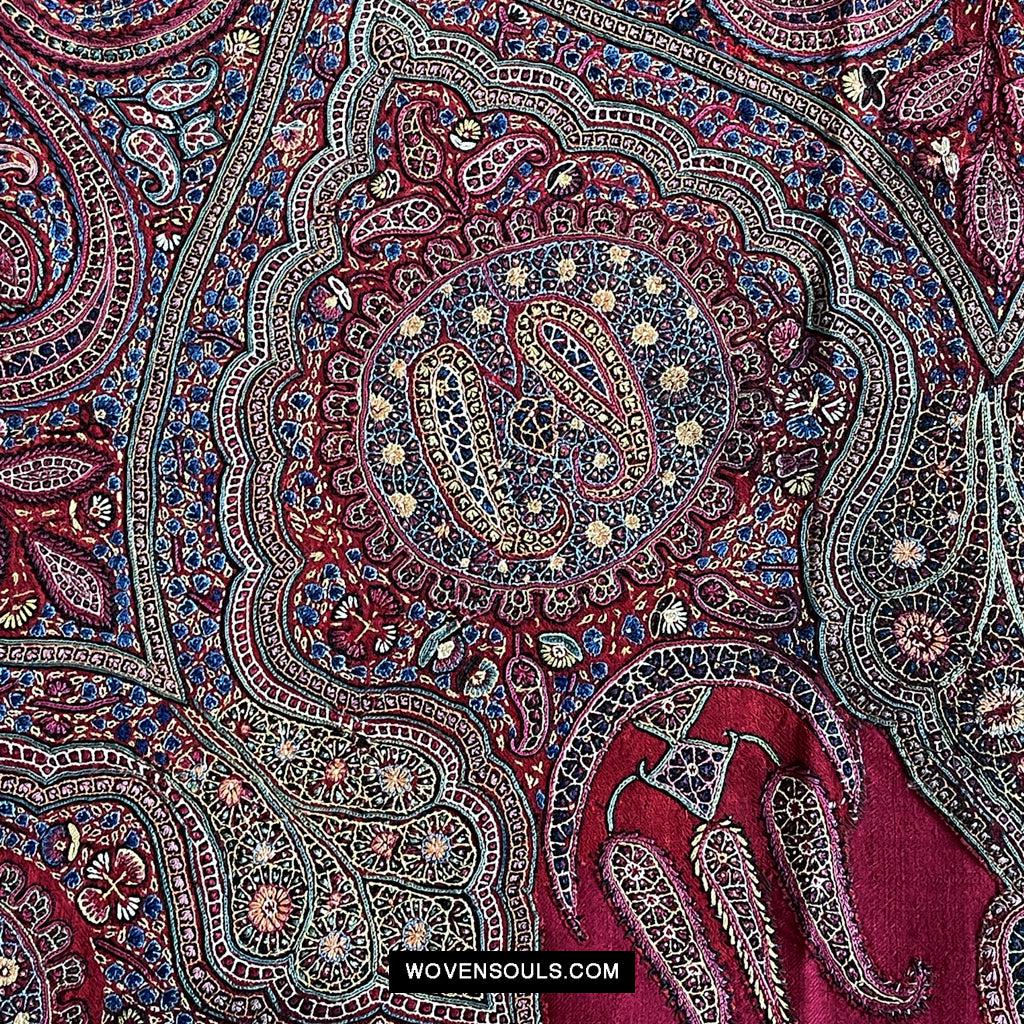 1608 Old Kashmir Silk Embroidered Amli Shawl Rumal-WOVENSOULS Antique Textiles & Art Gallery