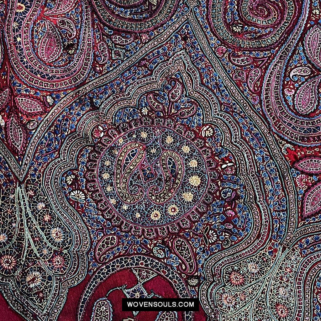 1608 Old Kashmir Silk Embroidered Amli Shawl Rumal-WOVENSOULS Antique Textiles & Art Gallery