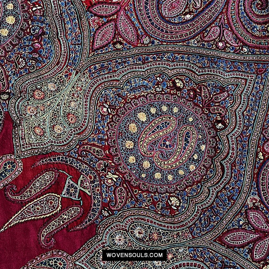 1608 Old Kashmir Silk Embroidered Amli Shawl Rumal-WOVENSOULS Antique Textiles & Art Gallery