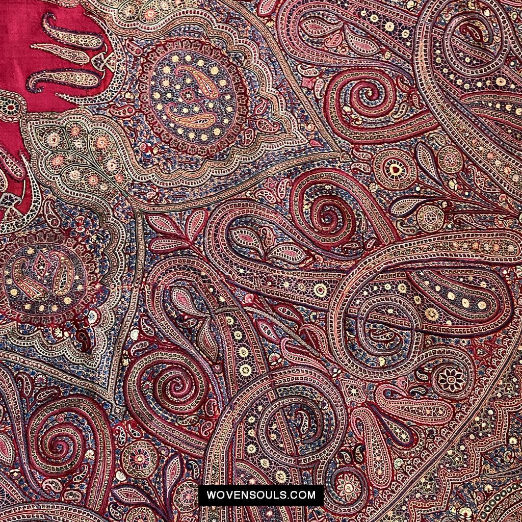 1608 Old Kashmir Silk Embroidered Amli Shawl Rumal-WOVENSOULS Antique Textiles & Art Gallery