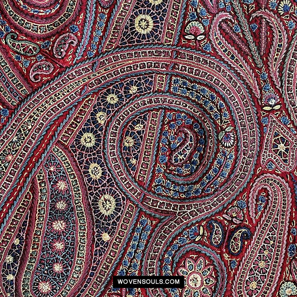1608 Old Kashmir Silk Embroidered Amli Shawl Rumal-WOVENSOULS Antique Textiles & Art Gallery