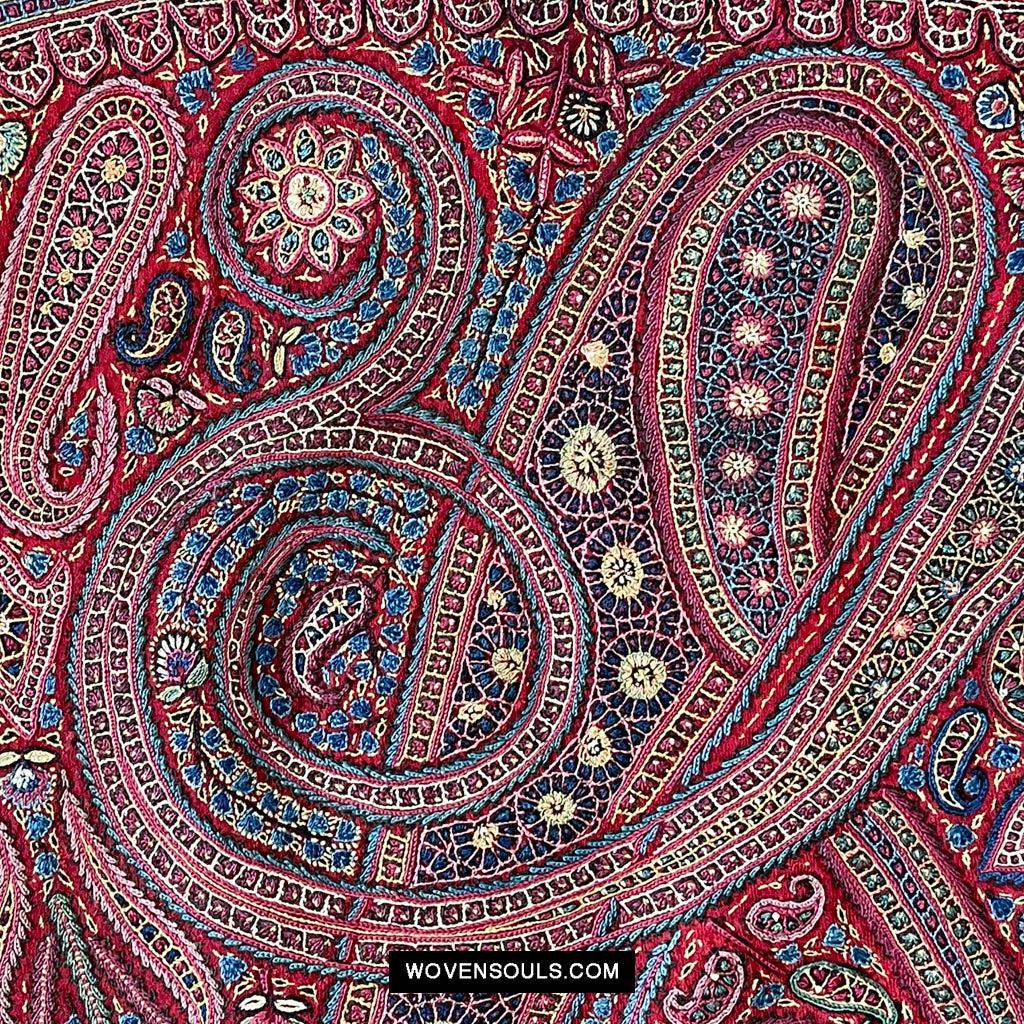 1608 Old Kashmir Silk Embroidered Amli Shawl Rumal-WOVENSOULS Antique Textiles & Art Gallery