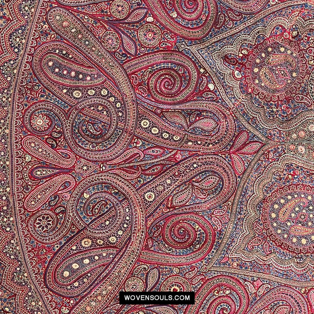 1608 Old Kashmir Silk Embroidered Amli Shawl Rumal-WOVENSOULS Antique Textiles & Art Gallery