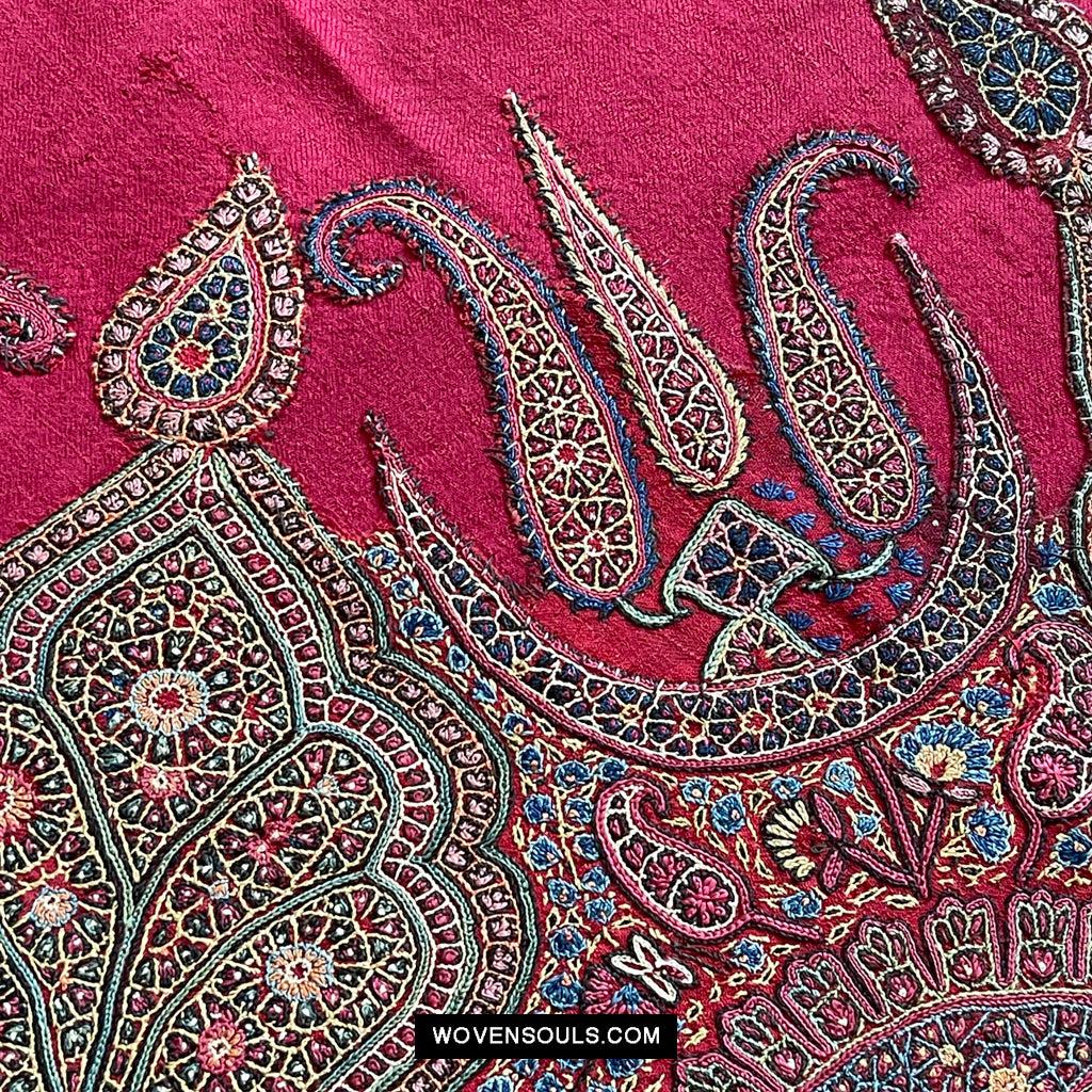 1608 Old Kashmir Silk Embroidered Amli Shawl Rumal-WOVENSOULS Antique Textiles & Art Gallery