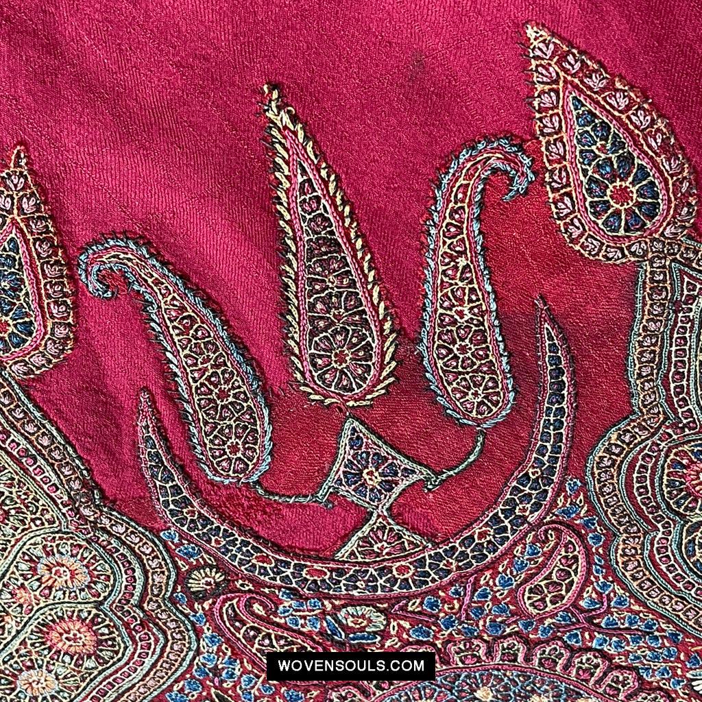 1608 Old Kashmir Silk Embroidered Amli Shawl Rumal-WOVENSOULS Antique Textiles & Art Gallery