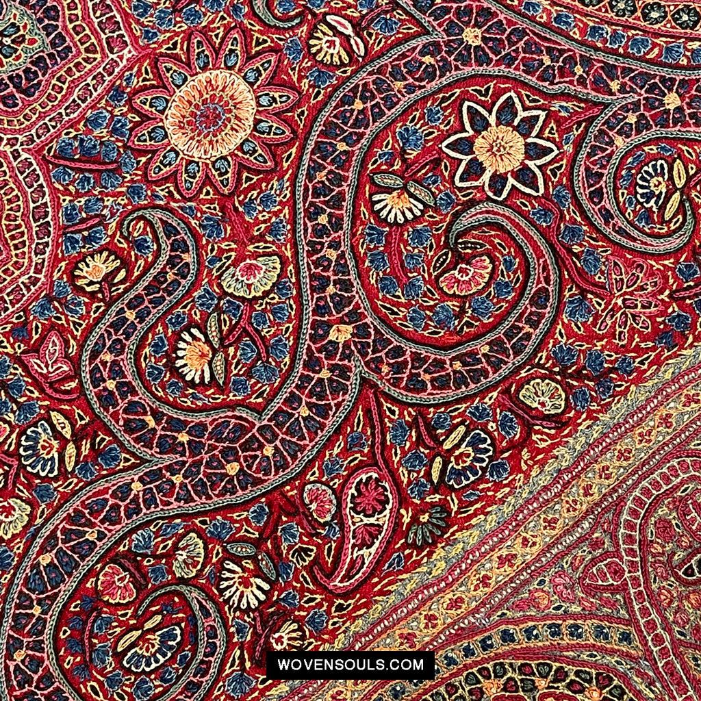 1608 Old Kashmir Silk Embroidered Amli Shawl Rumal-WOVENSOULS Antique Textiles & Art Gallery