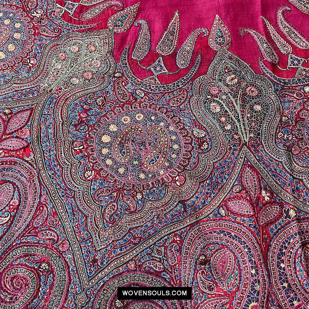 1608 Old Kashmir Silk Embroidered Amli Shawl Rumal-WOVENSOULS Antique Textiles & Art Gallery