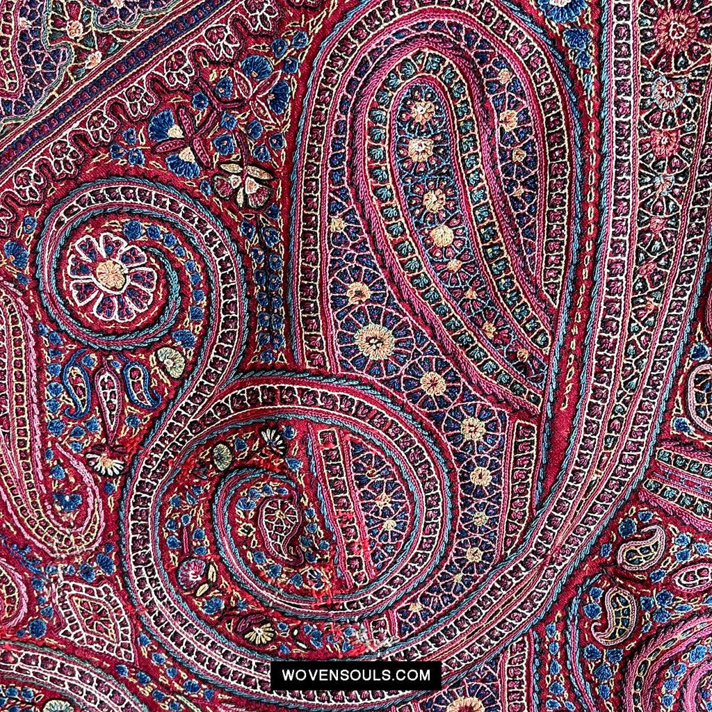 1608 Old Kashmir Silk Embroidered Amli Shawl Rumal-WOVENSOULS Antique Textiles & Art Gallery