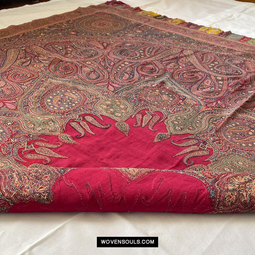 1608 Old Kashmir Silk Embroidered Amli Shawl Rumal-WOVENSOULS Antique Textiles & Art Gallery