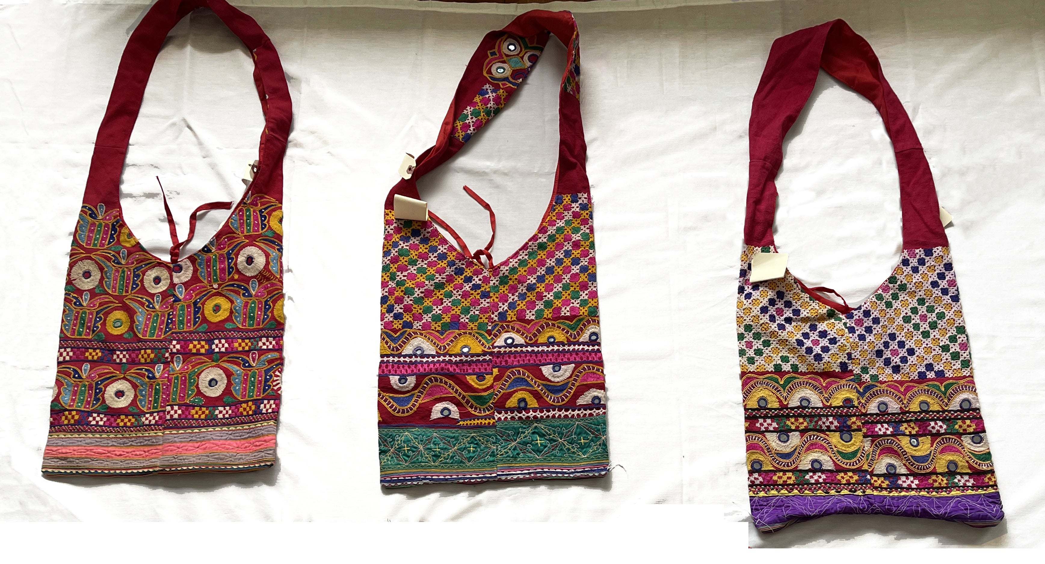 5512 SOLD Group of 3 Sling Bags made of Vintage Textile fragments