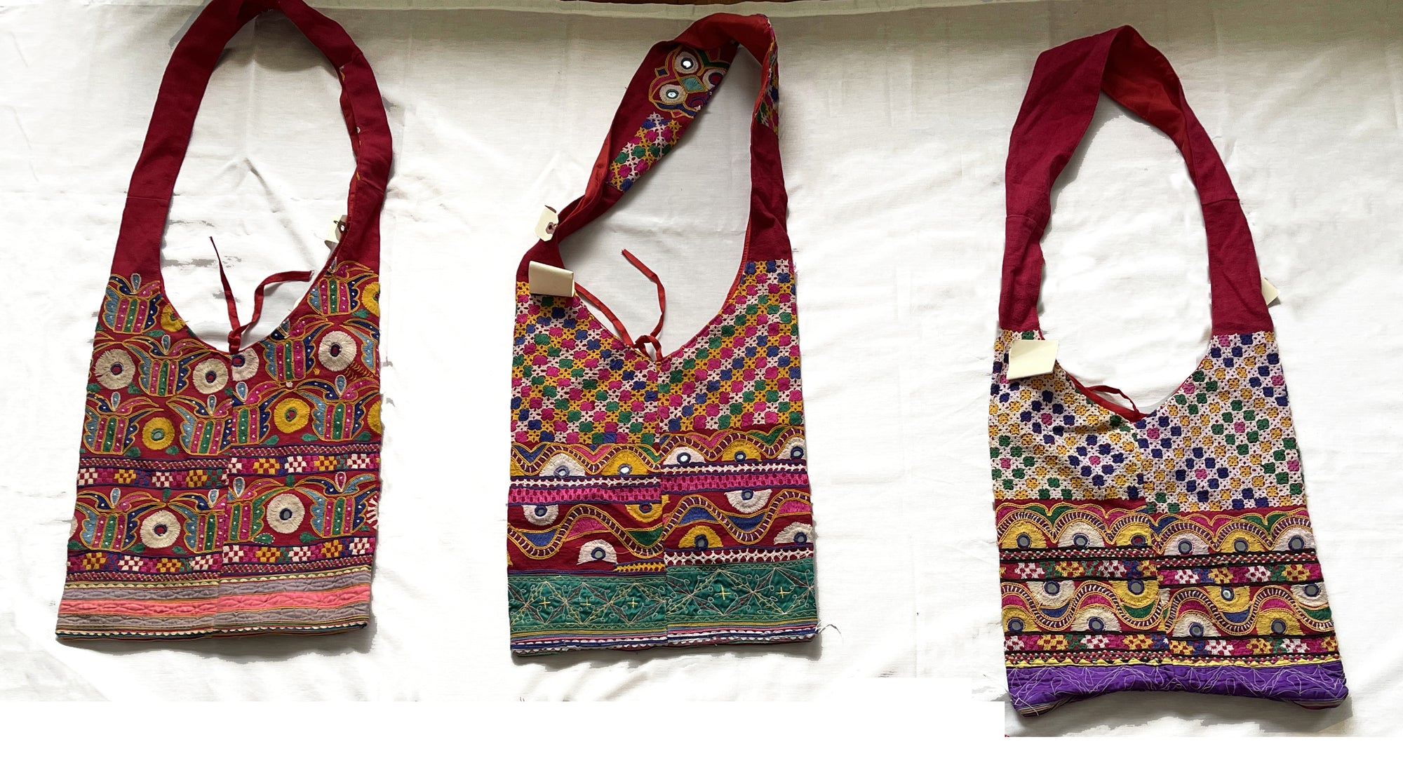 5512  SOLD Group of 3 Sling Bags made of Vintage Textile fragments