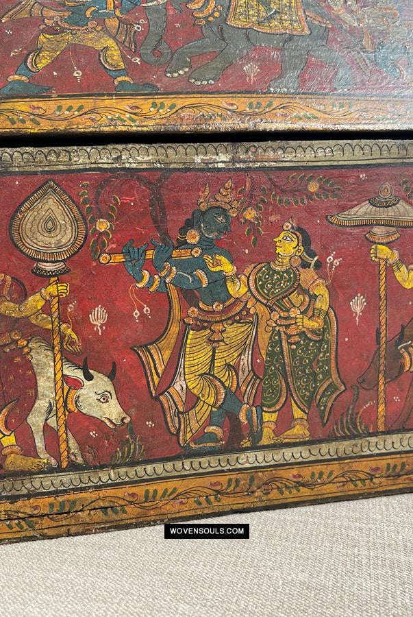1760 Antique Pattachitra Krishna Paintings on a Wooden Chest - WOVENSOULS Antique Vintage Art Interior Decor