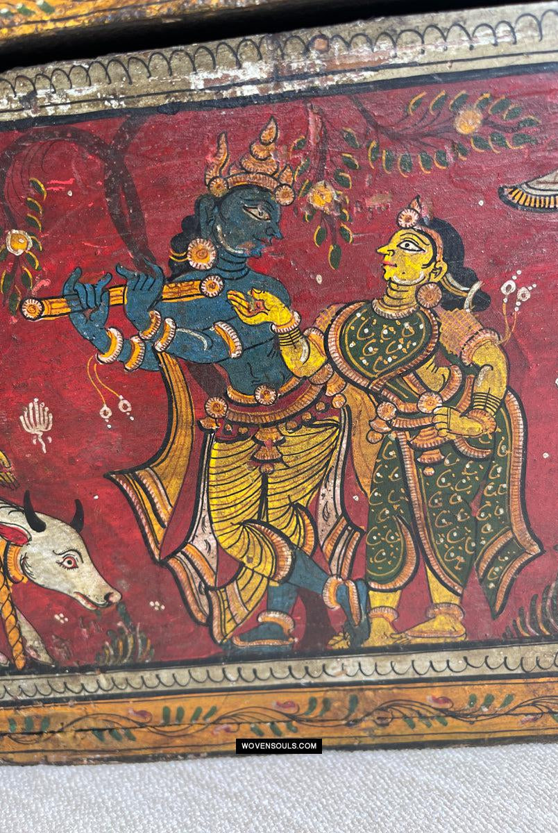 1760 Antique Pattachitra Krishna Paintings on a Wooden Chest - WOVENSOULS Antique Vintage Art Interior Decor