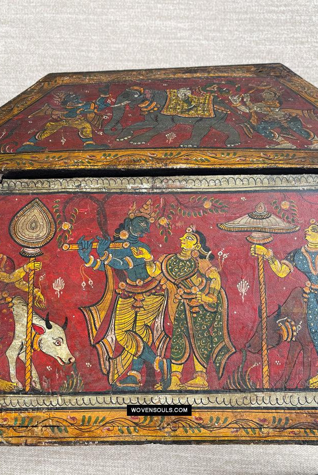 1760 Antique Pattachitra Krishna Paintings on a Wooden Chest - WOVENSOULS Antique Vintage Art Interior Decor