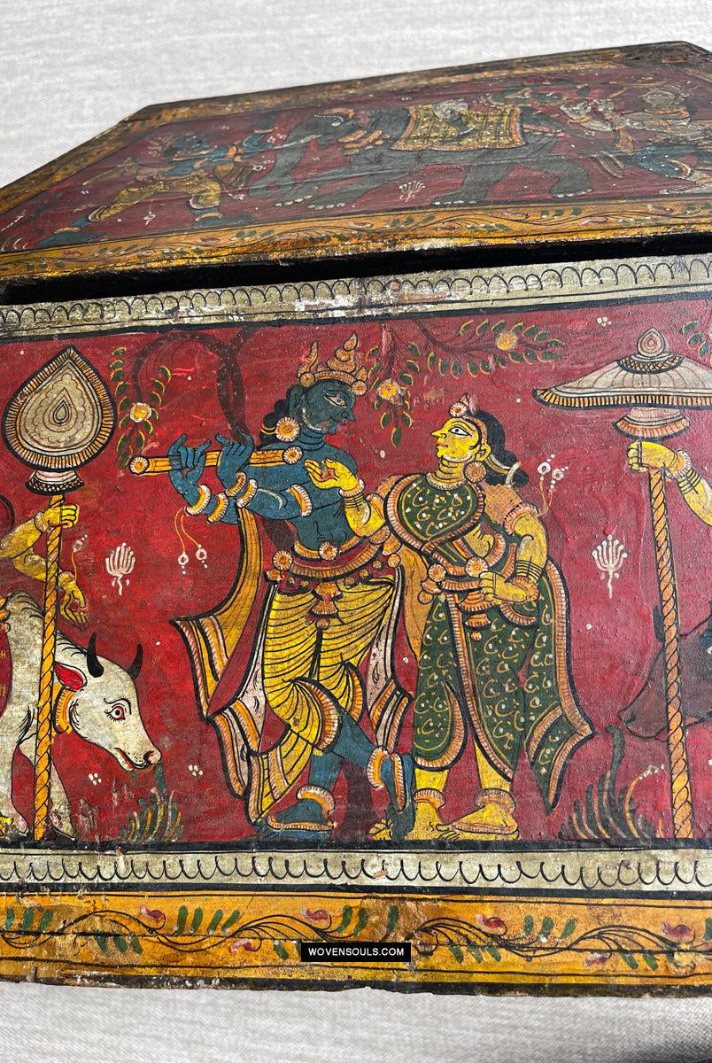 1760 Antique Pattachitra Krishna Paintings on a Wooden Chest - WOVENSOULS Antique Vintage Art Interior Decor