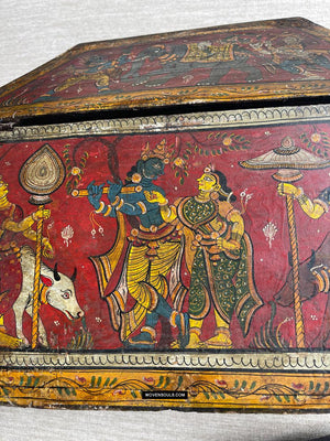 1760 Antique Pattachitra Krishna Paintings on a Wooden Chest - WOVENSOULS Antique Vintage Art Interior Decor