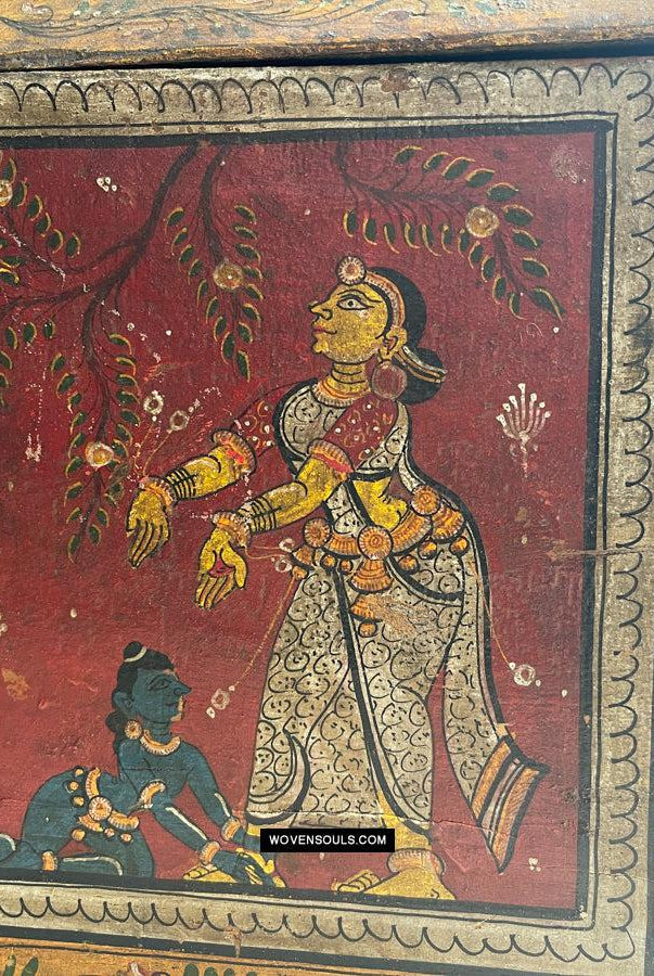 1760 Antique Pattachitra Krishna Paintings on a Wooden Chest - WOVENSOULS Antique Vintage Art Interior Decor