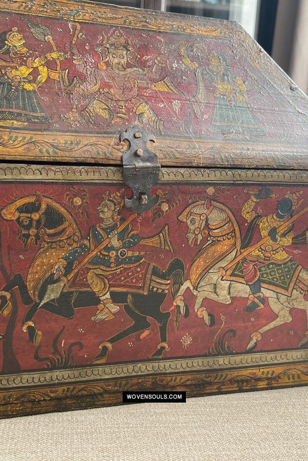 1760 Antique Pattachitra Krishna Paintings on a Wooden Chest - WOVENSOULS Antique Vintage Art Interior Decor