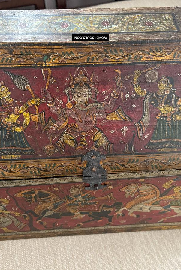 1760 Antique Pattachitra Krishna Paintings on a Wooden Chest - WOVENSOULS Antique Vintage Art Interior Decor