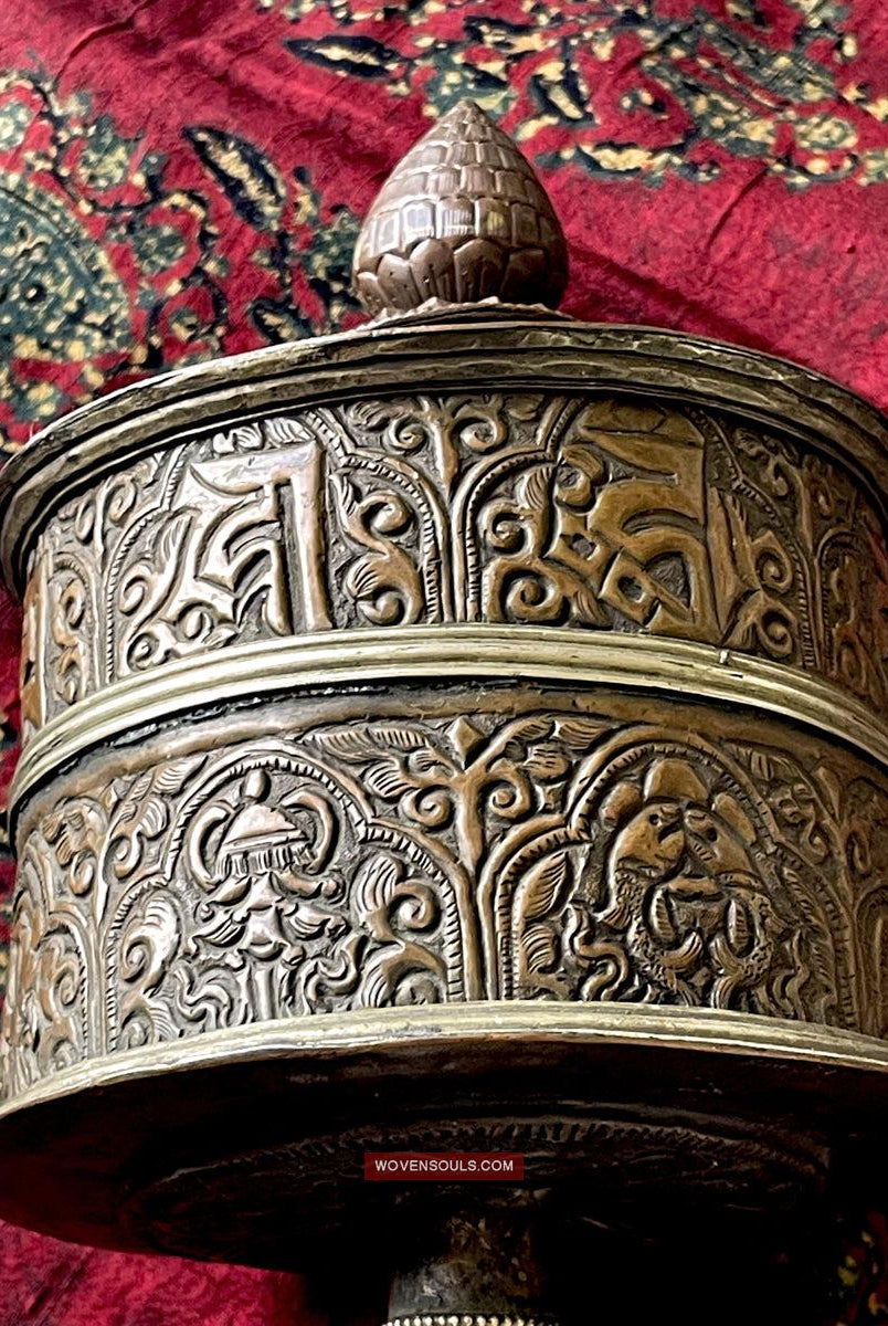 1785 Large Antique Tibetan Buddhist Prayer Wheel-WOVENSOULS Antique Textiles & Art Gallery