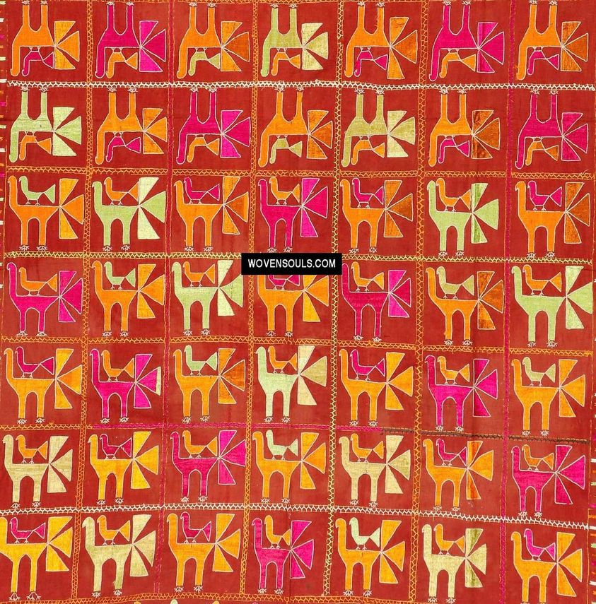 1797 Antique Rare Phulkari with Bird motif - WOVENSOULS Antique Textiles & Art Gallery