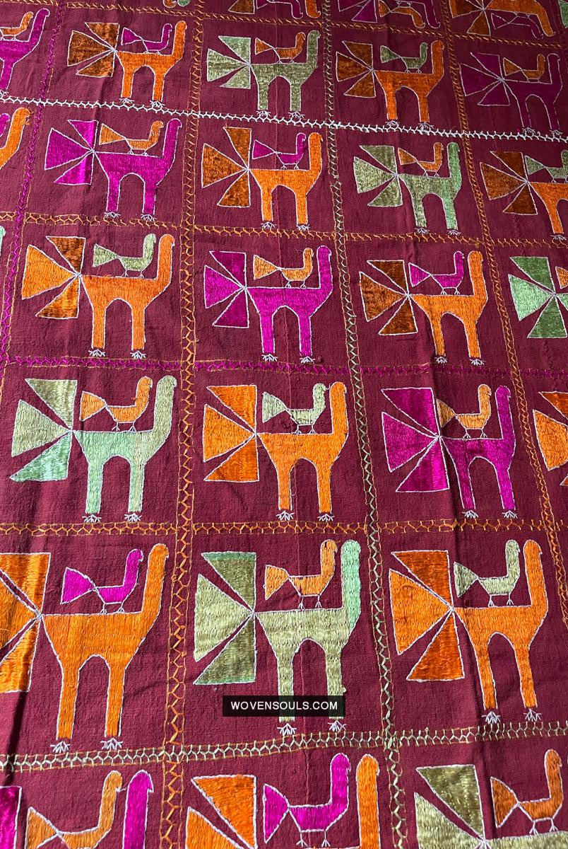 1797 Antique Rare Phulkari with Bird motif - WOVENSOULS Antique Textiles & Art Gallery