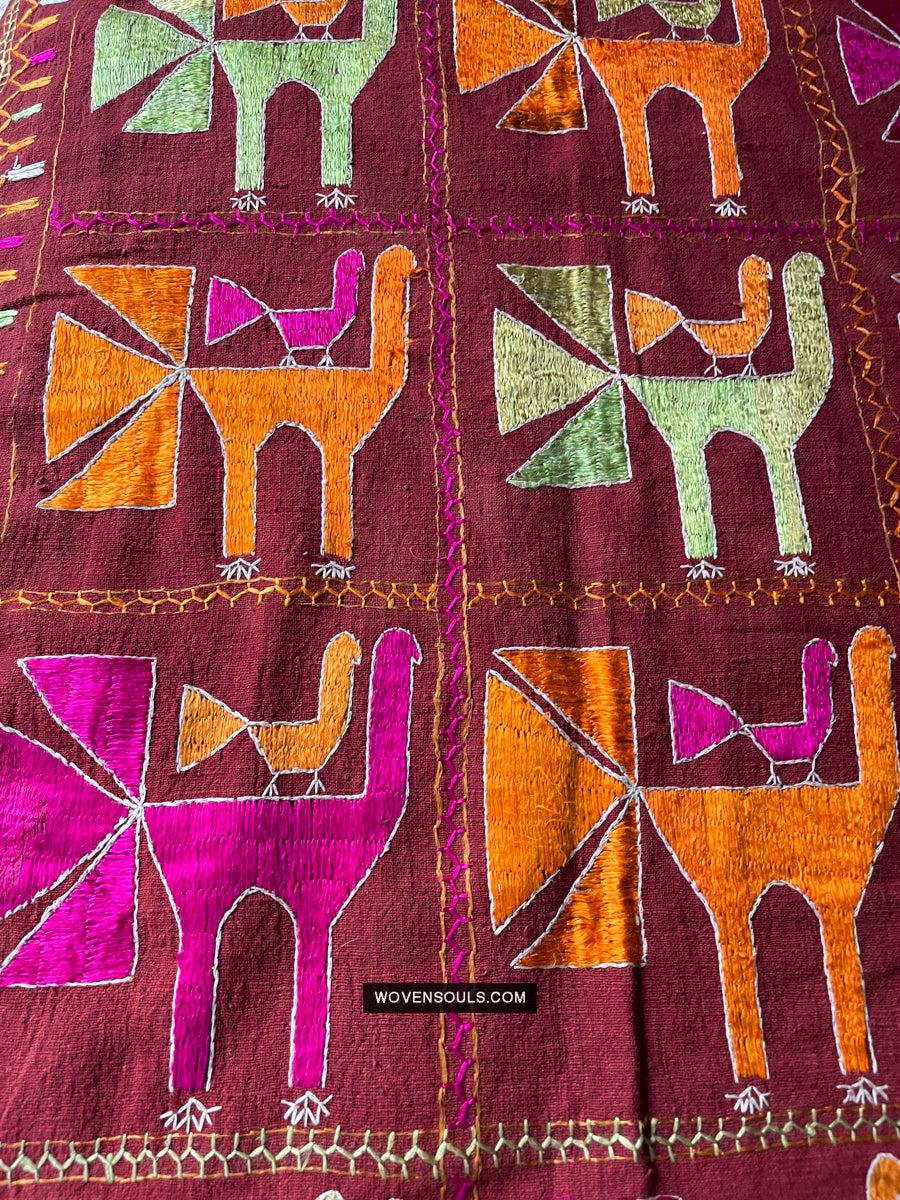 1797 Antique Rare Phulkari with Bird motif - WOVENSOULS Antique Textiles & Art Gallery
