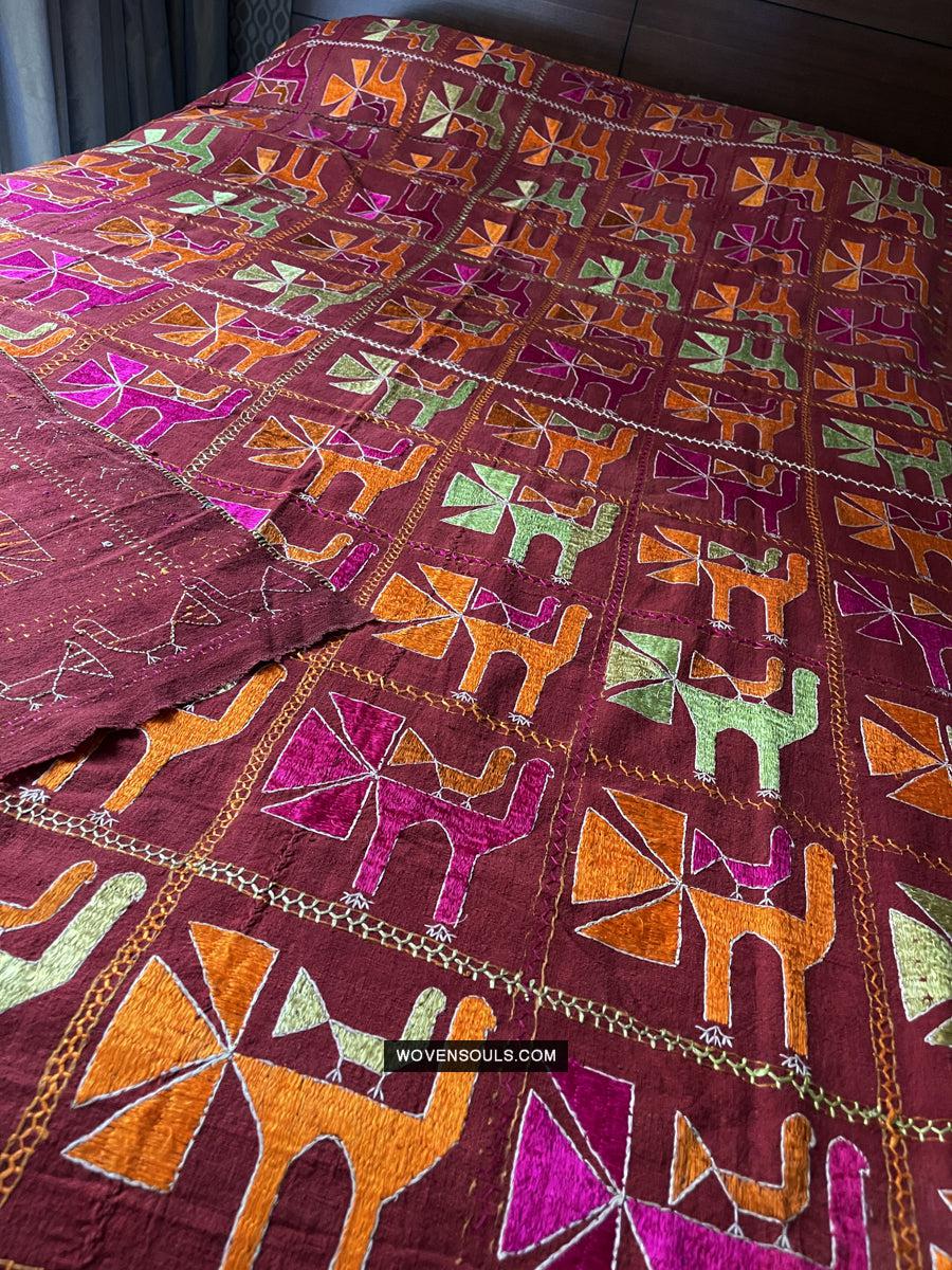 1797 Antique Rare Phulkari with Bird motif - WOVENSOULS Antique Textiles & Art Gallery