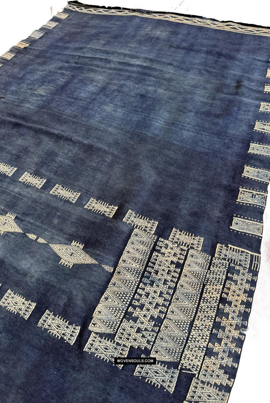 1854 Antique Indigo Bakhnoug Shawl - Tunisian Textile Art