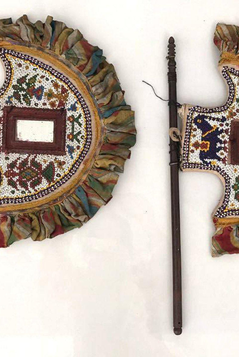 201 SOLD Pair of Old Beaded Hand Fans with Lehariya Tie-Dye frills-WOVENSOULS-Antique-Vintage-Textiles-Art-Decor