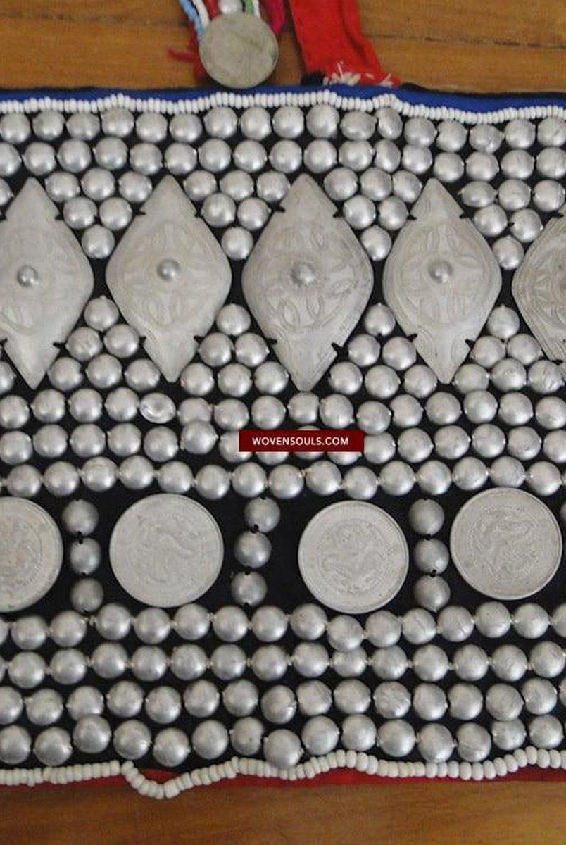 309 Vintage Indigo Akha Breast Cloth with Tin Embellishments-WOVENSOULS-Antique-Vintage-Textiles-Art-Decor