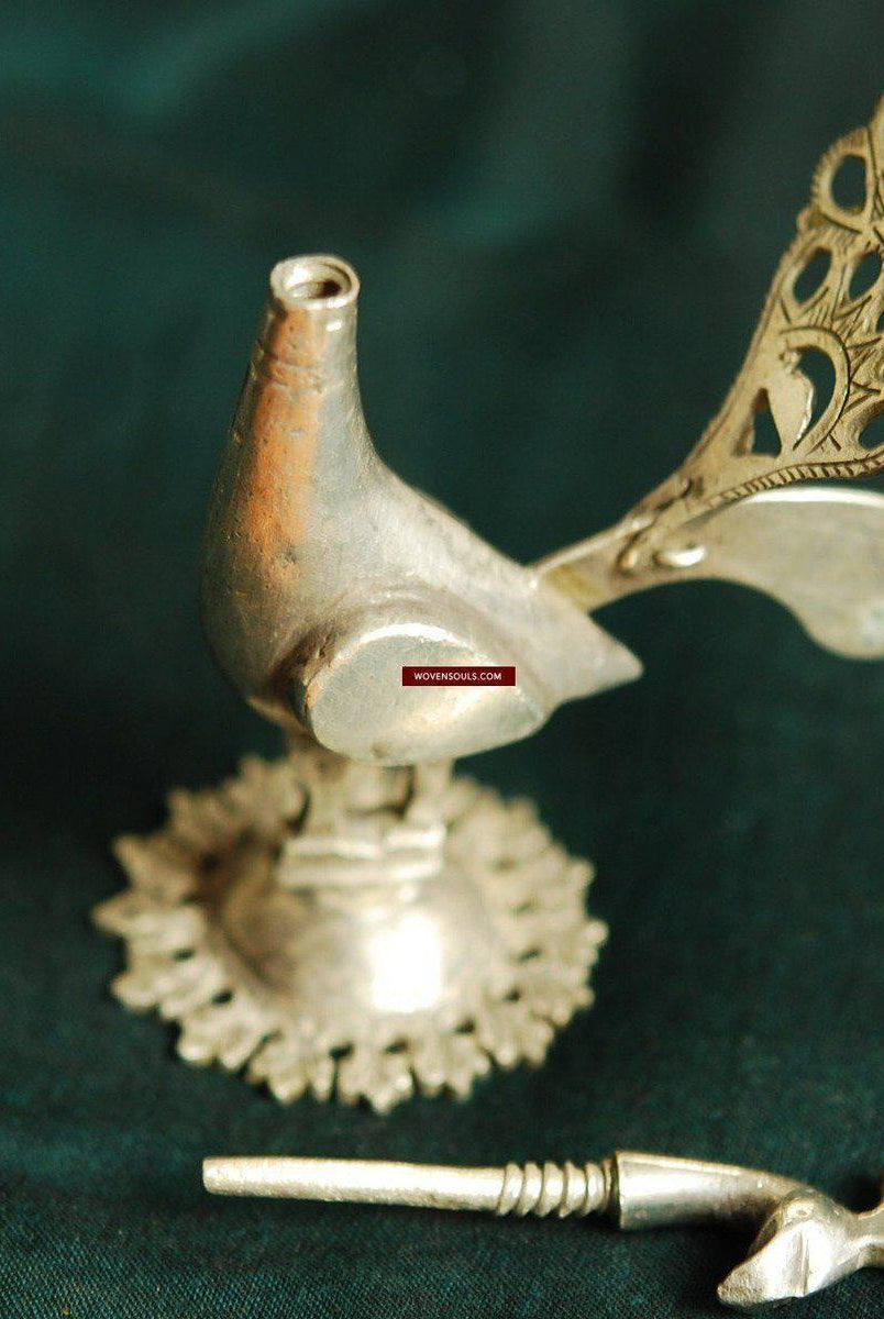 325 Old Silver Peacock Surma Box - Kohl container ornament-WOVENSOULS-Antique-Vintage-Textiles-Art-Decor